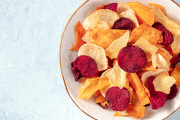 Healthy vegetable chips, close-up, top shot