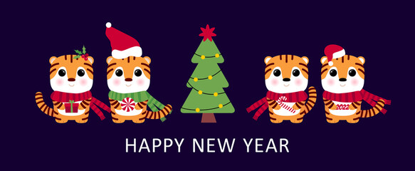 Tigers and Christmas tree. Vector illustration. 2022 New Year symbols. Chinese New Year of Tiger 2022. Tigers with gift box, 2022, sweet candy. Christmas tree and tigers with Santa Claus Hat