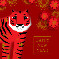 Happy new year, Chinese New Year, 2022, Year of the Tiger, cartoon character, royal tiger. Chinese background. Holiday Chinese banner with horoscope sign of 2022. Red, gold design. Chinese new year
