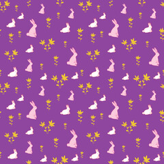 Easter holiday bunnies and flowers seamless pattern on purple