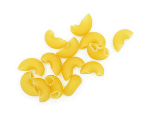 Pile of raw elbow Macaroni (Gomiti Pasta) Isolated on white background, Cut out with clipping path,...