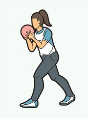 Bowling Sport Female Player Action Cartoon Graphic Vector