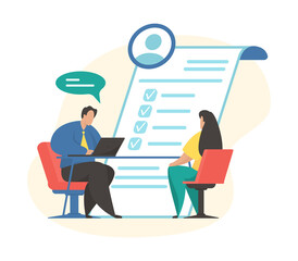 Job interview concept flat vector illustration. Curriculum vitae recruitment candidate. Talking with job applicant. Human
