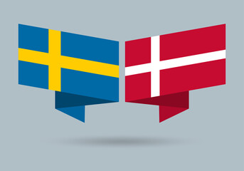 Sweden and Denmark flags. Danish and Swedish national symbols. Vector illustration.