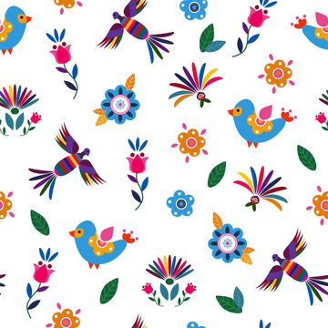 Seamless pattern with cute birds and flowers for the holiday Cinco de mayo. Endless textures for your design.	