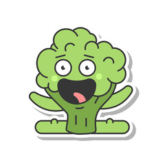 Cute broccoli doing fitness exercise vector cartoon sticker isolated on a white background.