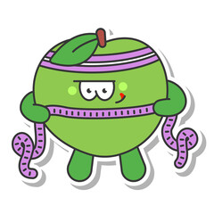 Cute apple with measuring tape vector cartoon sticker isolated on a white background.