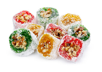 Colorful Turkish delight with nuts in powdered sugar isolated on white