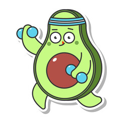 Cute avocado doing fitness exercise with dumbbell vector cartoon sticker isolated on a white background.