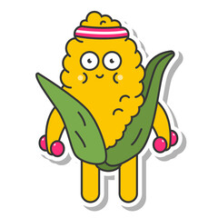 Cute corn doing fitness exercise with dumbbell vector cartoon sticker isolated on a white background.