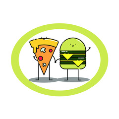 Cute pizza and double cheese burger Illustration. modern simple food vector icon, flat graphic symbol in trendy flat design style. food character