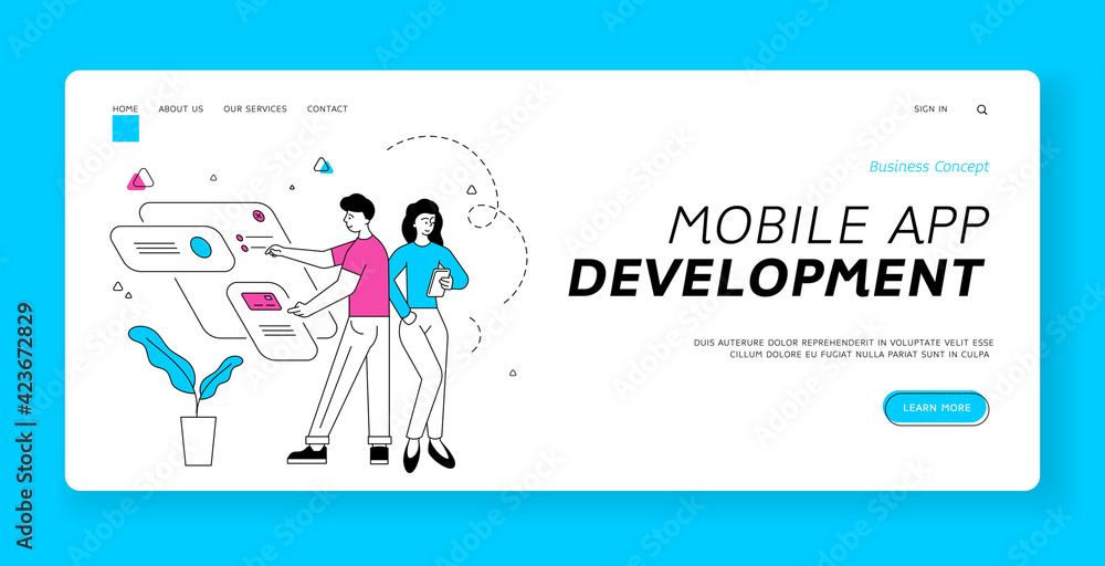 Poster mobile app development banner template. cartoon people characters developers are working on creating