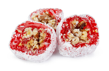 Red Turkish delight with nuts in powdered sugar isolated on white
