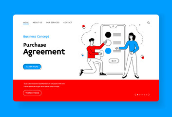 Obraz na płótnie Canvas Purchase agreement banner template. Vector illustration of linear man and woman using contemporary smartphone to select and order goods in modern online store application