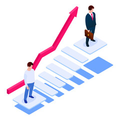 3D Career ladder concept. Person at the bottom and top of the stair. Red upward arrow . An ordinary person and a person who has achieved success. Vector illustration in modern isometric style.