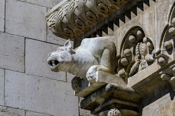Details of the Matthias Church (Mátyás Templom) that is a Roman Catholic church located in Budapest, Hungary, in front of the Fisherman's Bastion at the heart of Buda's Castle District, in a sunny day