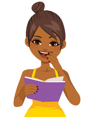 Young girl laughing reading interesting book isolated vector illustration