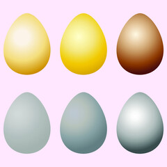 Set of golden and silver eggs. Vector illustration with gray and gold gradient colors for design of Happy Easter cards, decor, textiles, fabrics, packaging, wrapping paper, banners, templates
