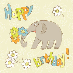 Birthday card. Elephant with flower. Happy birthday.