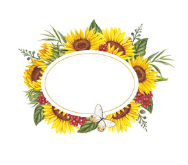Watercolor illustration of a oval frame with sunflowers and butterflies. Perfect for a wedding invitation.