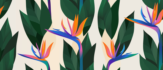 Materiał do szycia Hand drawn abstract jungle pattern with strelitzia flower. Creative collage contemporary seamless pattern. Natural colors. Fashionable template for design.