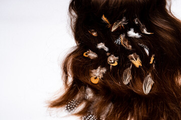 Naklejka premium Multicolored feathers are woven into dark brown hair on a white background