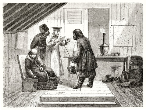 Man reading a letter to other men in a russian post office interior. Woman lies unconscious on chair like she knew terrible news. Ancient grey tone etching style art by Dumont, Le Tour du Monde, 1862