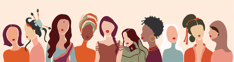 Communication group of multiethnic multicultural diversity women face. Female social network community of diverse culture. Talk and share information. Friendship.Speak.Racial equality