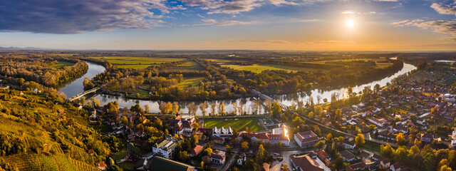 Tokaj, Hungary - Aerial panoramic view of the town of Tokaj wine region with town of Tokaj with...