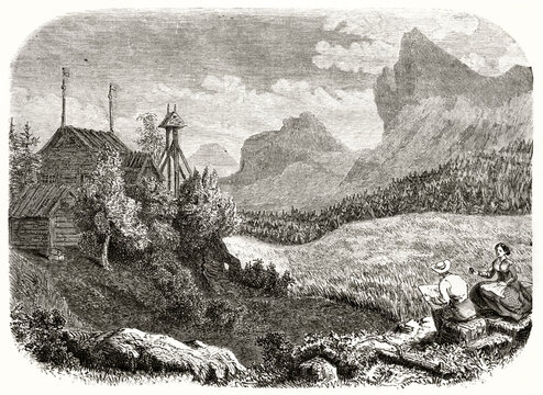 Natural Swedish landscape with wooden house among trees and forest far in the distance in Quodjock, Sweden. Ancient grey tone etching style portrait by unidentified author, Le Tour du Monde, 1862