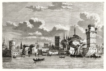 overall cityscape of Rhodes from mediterranean Aegean Sea water. Ancient grey tone etching style art by Terin, Le Tour du Monde, 1862