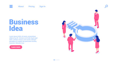 Business people gather around a light bulb and discuss new ideas and solutions. Landing page or web banner template. Concept of finding an idea. Vector illustration in modern isometric style. 