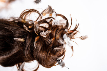 Naklejka premium Hair mixed with feathers lie on a white table
