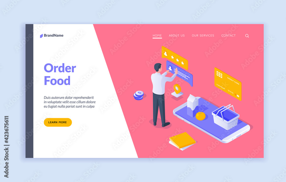 Poster order food landing page template. vector illustration of man reading comments while using smartphone
