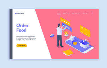 Obraz na płótnie Canvas Order food landing page template. Vector illustration of man reading comments while using smartphone to order food online near link and description. Isometric web banner, landing page template