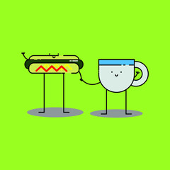 Cute hotfog and cup of tea Illustration. modern simple food vector icon, flat graphic symbol in trendy flat design style. food character
