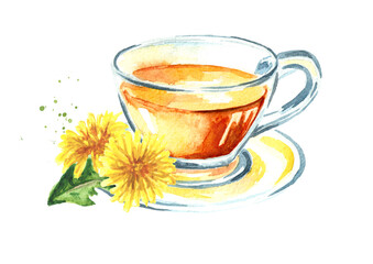 Cup of healthy herbal dandelion tea, Watercolor hand drawn illustration isolated on white background