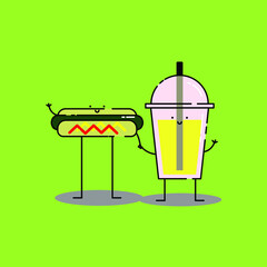 Cute hotfog and softdrink Illustration. modern simple food vector icon, flat graphic symbol in trendy flat design style. food character