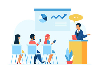 Business training offline meeting. Seminar, conference, personnel training cource. Cartoon characters business coach and listeners. Flat vector illustration