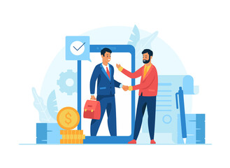 Onlin ebusiness partnership. Two male cartoon characters businessmen shaking hands making business deal. Business management remotely. Flat vector illustration