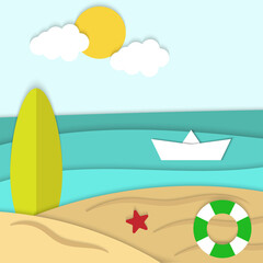 Fototapeta na wymiar holiday in beach summer paper cut background vector, summer season paper craft design illustration