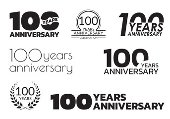 100 years anniversary icon or logo set. 100th birthday celebration badge or label for invitation card, jubilee design. Vector illustration.