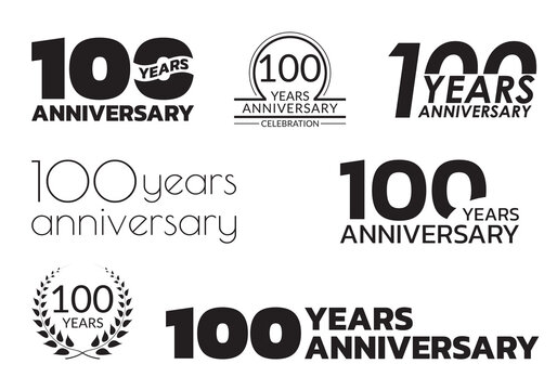 100 years anniversary icon or logo set. 100th birthday celebration badge or label for invitation card, jubilee design. Vector illustration.