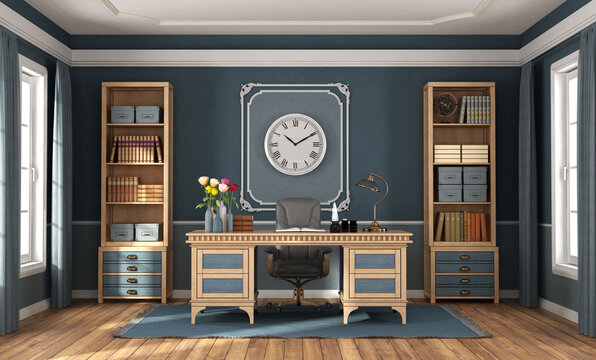 Classic Style Home Office With Blue Walls And Wooden Furniture