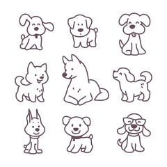 Collection of cute funny dog characters different breeds sit and stand isolated on white background. Vector doodle line art illustration. For stickers, pet shelter emblems, veterinary logo, gift tags.