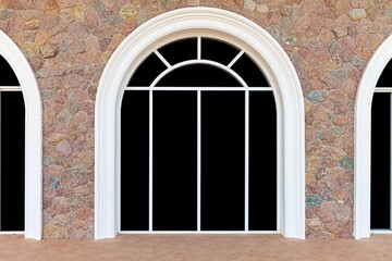 European white aluminum window frame and brown stone wall