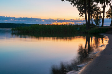 calm lake and sand shore with trees and dark blue sky, tranquil nature landscape at night