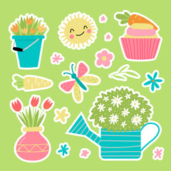 Spring garden stickers in cute hand drawn style. Happy gardening poster design. Vector illustration.