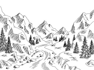 Mountain valley river graphic black white landscape sketch illustration vector