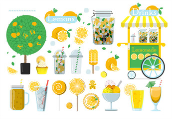 Big vector lemonade set. Flat illustration of glasses of lemonade, lemons cut and whole, lemon tree, lemonade cart, cake and ice cream. A set of all types and products from lemon.